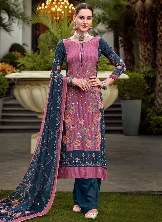 Palazzo Salwar Suit Pure Crepe Pink Embroidered Salwar Kameez