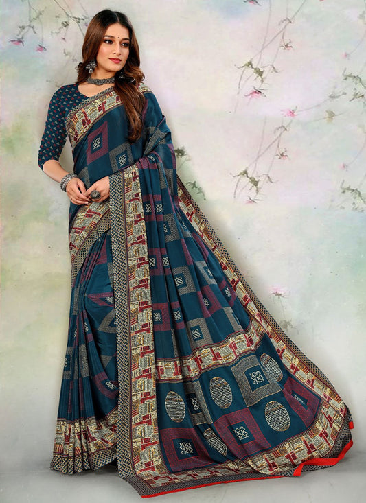 Printed Saree Pure Crepe Blue Print Saree