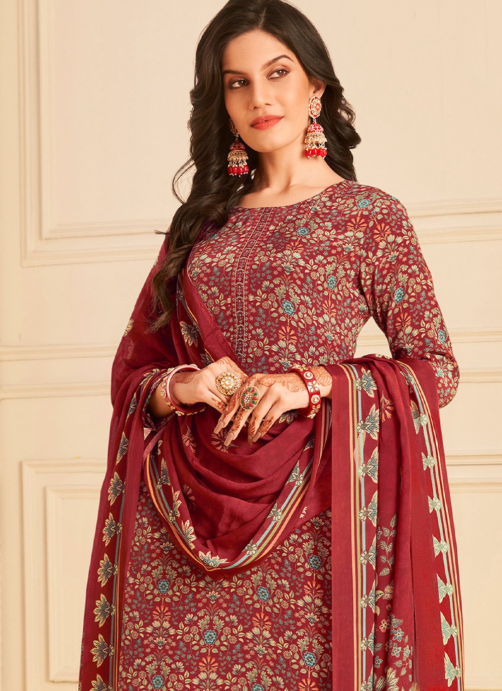 Patiala Suit Pure Crepe Maroon Embroidered Salwar Kameez