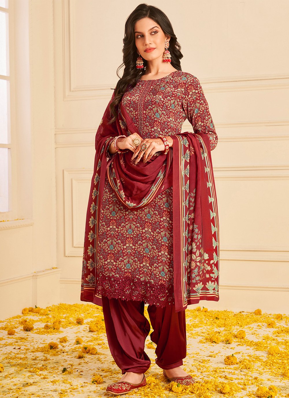 Patiala Suit Pure Crepe Maroon Embroidered Salwar Kameez