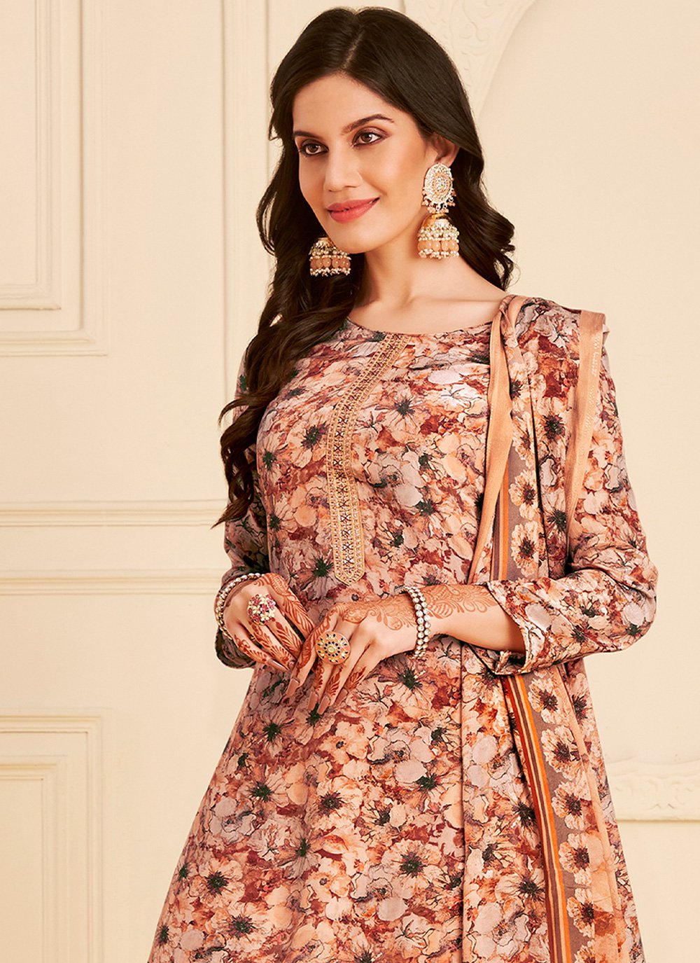 Patiala Suit Pure Crepe Peach Embroidered Salwar Kameez