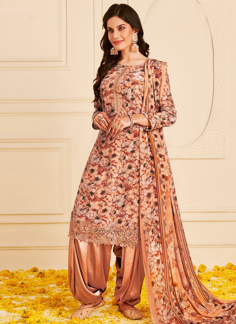 Patiala Suit Pure Crepe Peach Embroidered Salwar Kameez