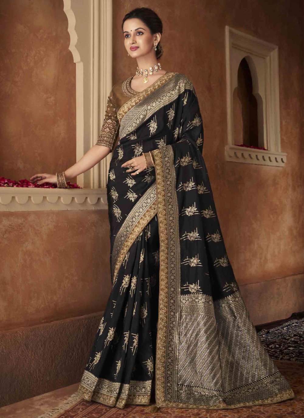 Contemporary Pure Dola Black Patch Border Saree