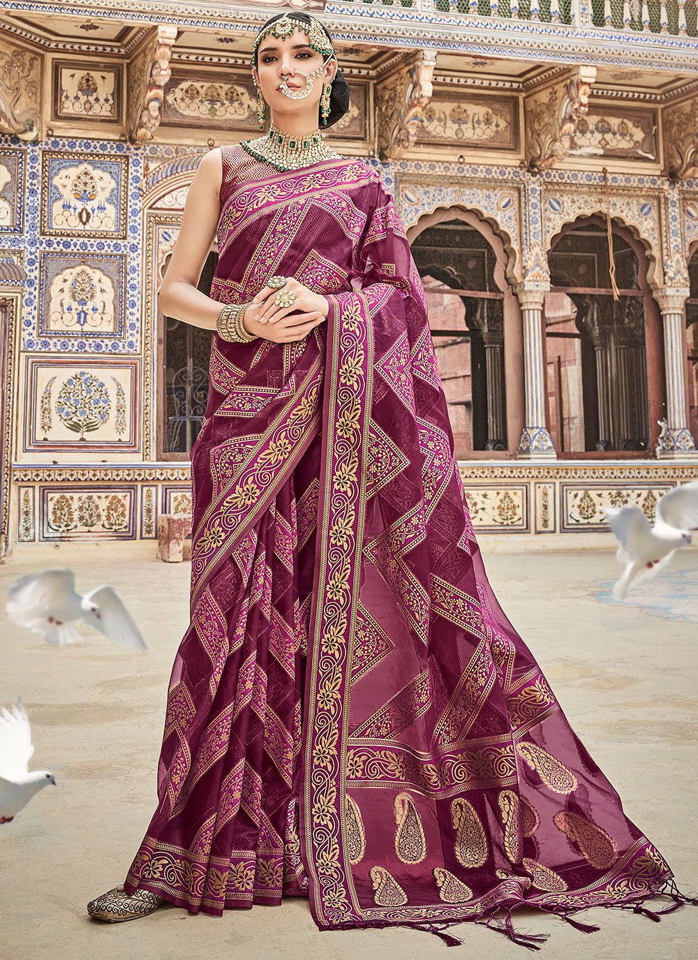 Traditional Saree Organza Pure Dola Purple Lace Saree