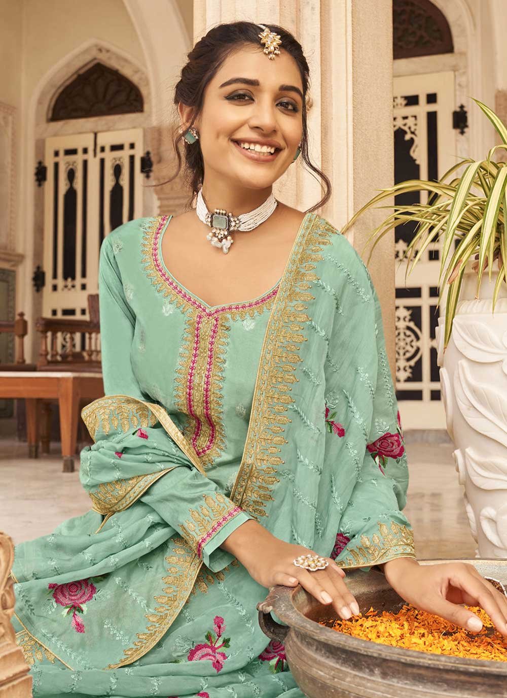 Salwar Suit Jacquard Pure Dola Turquoise Embroidered Salwar Kameez