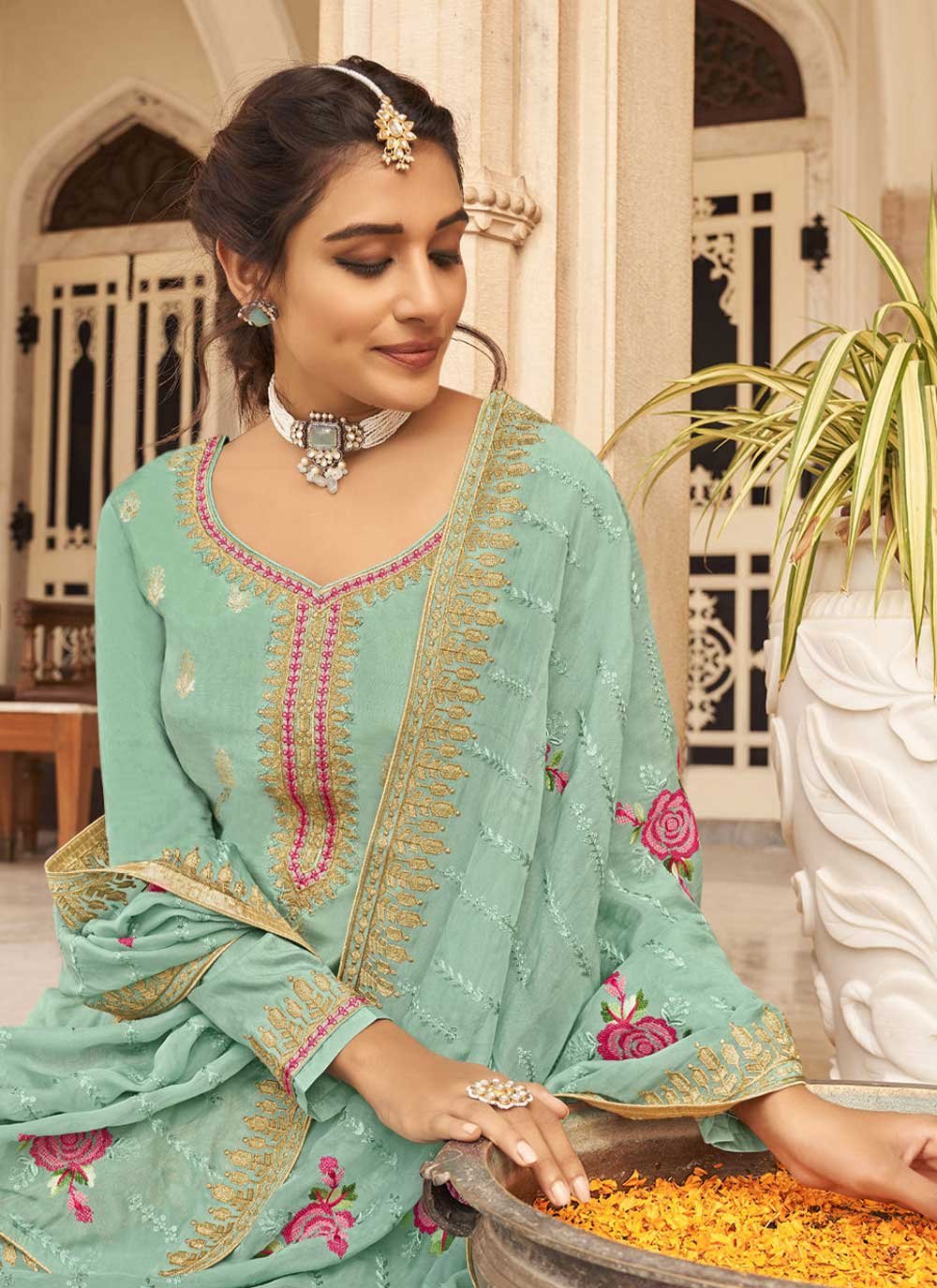 Salwar Suit Jacquard Pure Dola Turquoise Embroidered Salwar Kameez