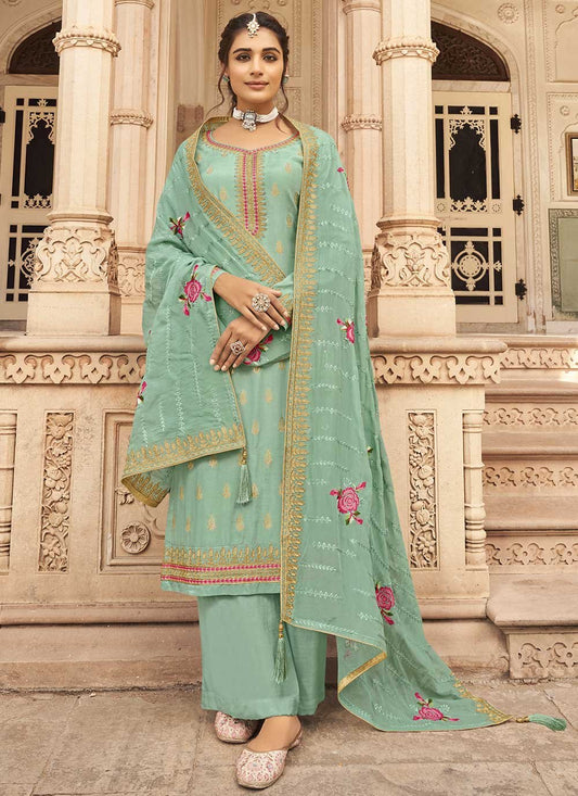 Salwar Suit Jacquard Pure Dola Turquoise Embroidered Salwar Kameez