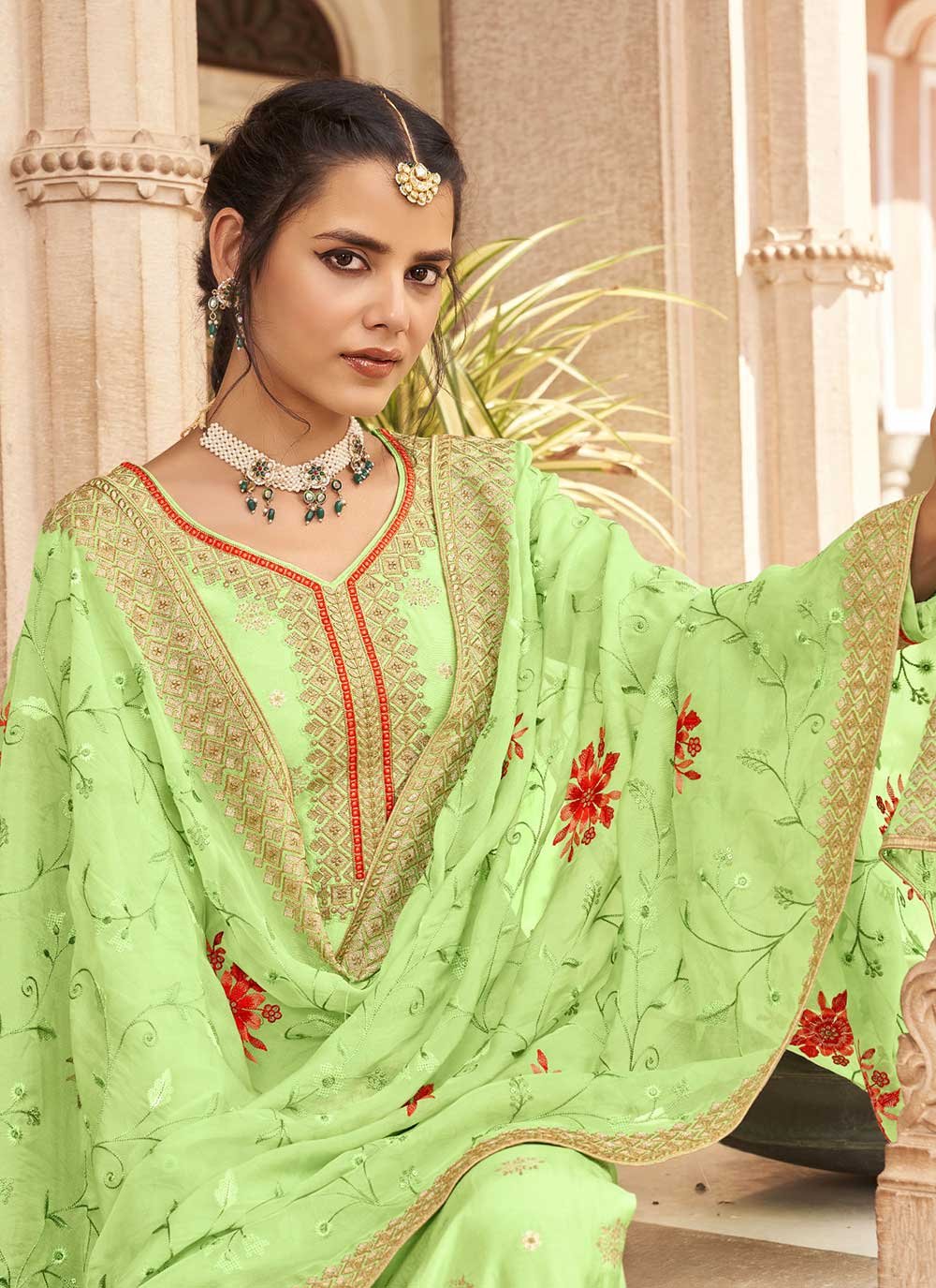 Straight Salwar Suit Jacquard Pure Dola Green Embroidered Salwar Kameez