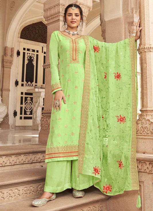 Straight Salwar Suit Jacquard Pure Dola Green Embroidered Salwar Kameez