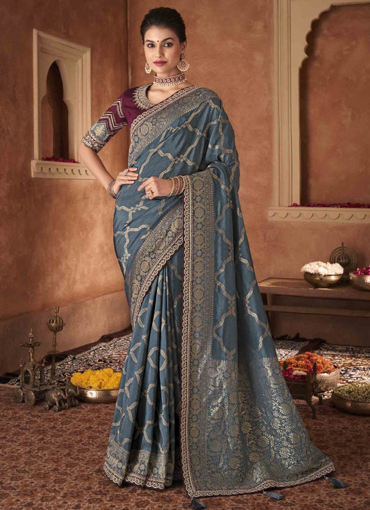 Trendy Saree Pure Dola Grey Patch Border Saree