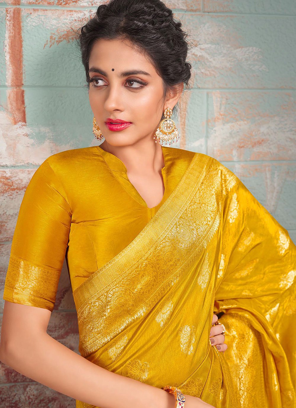 Contemporary Pure Dola Silk Yellow Embroidered Saree