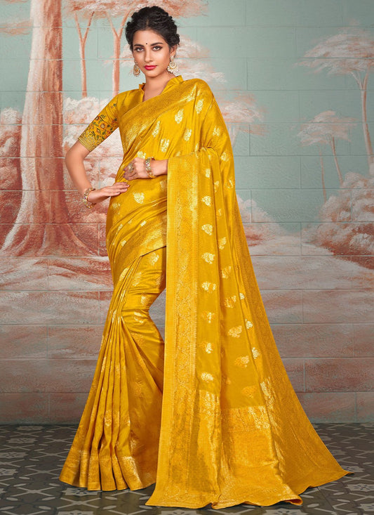 Contemporary Pure Dola Silk Yellow Embroidered Saree