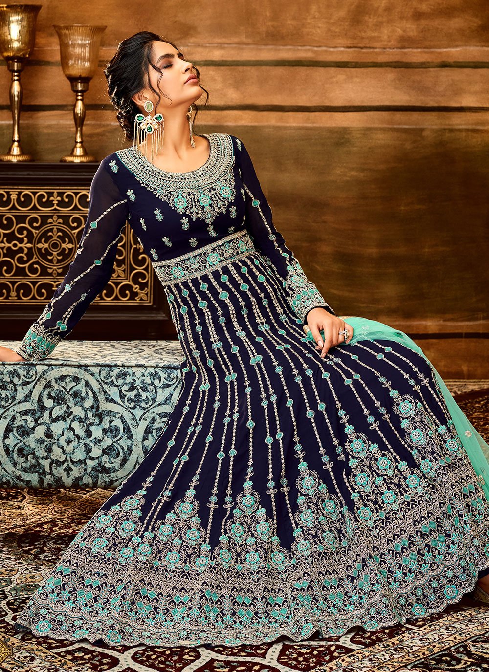 Salwar Suit Pure Georgette Blue Embroidered Salwar Kameez