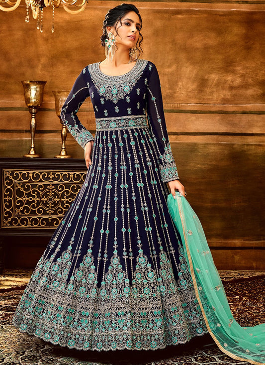 Salwar Suit Pure Georgette Blue Embroidered Salwar Kameez