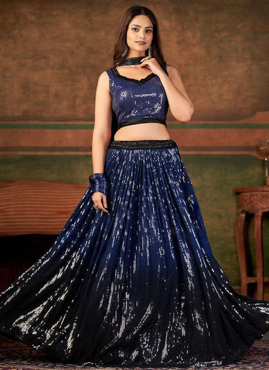 A Line Lehenga Pure Georgette Blue Embroidered Lehenga Choli