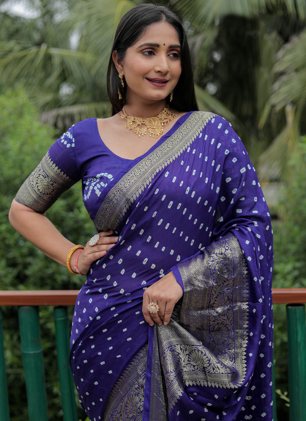 Contemporary Pure Silk Blue Bandhej Saree