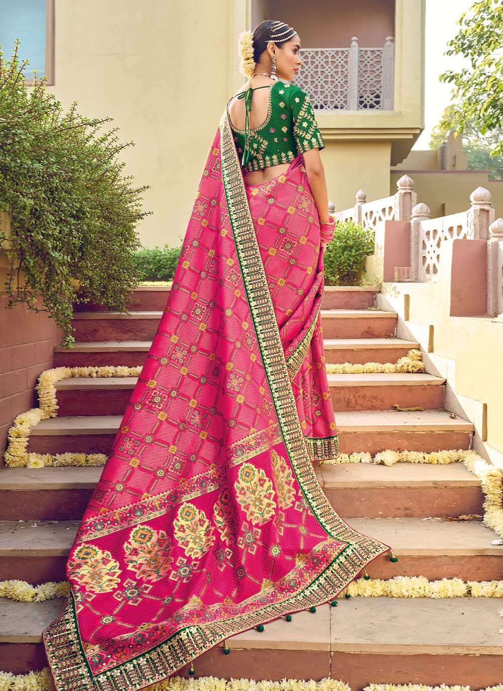 Designer Pure Silk Pink Bandhej Saree