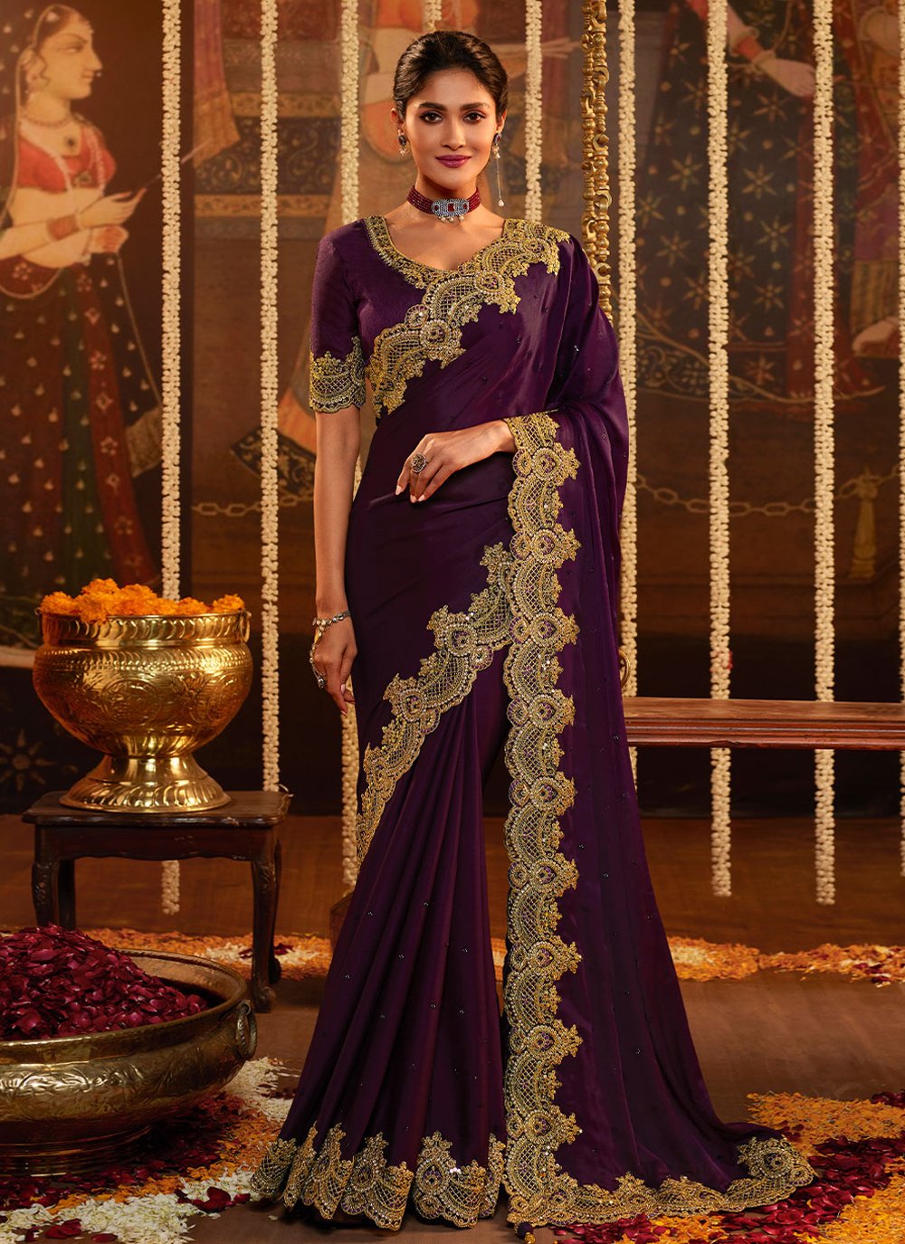 Classic Pure Silk Purple Embroidered Saree