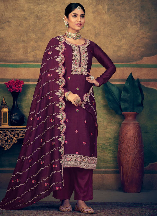 Straight Salwar Suit Pure Silk Purple Cord Work Salwar Kameez