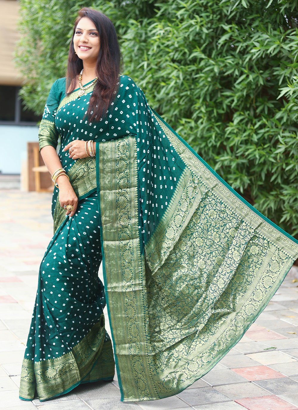 Contemporary Pure Silk Teal Bandhej Saree