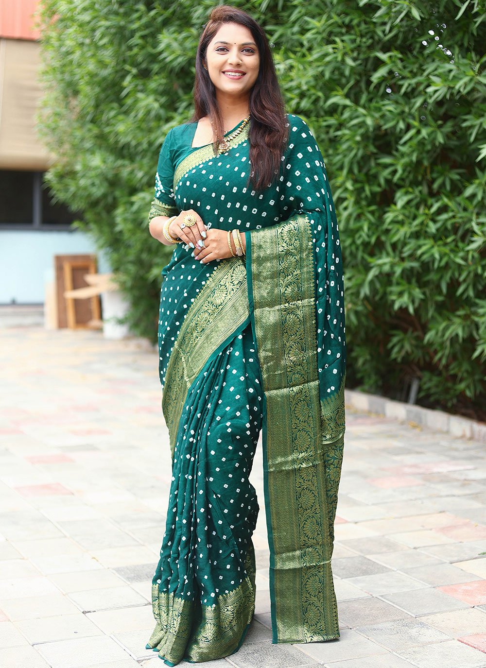 Contemporary Pure Silk Teal Bandhej Saree