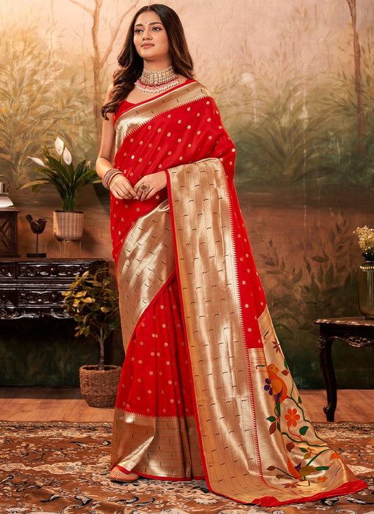 Designer Pure Silk Red Weaving Saree