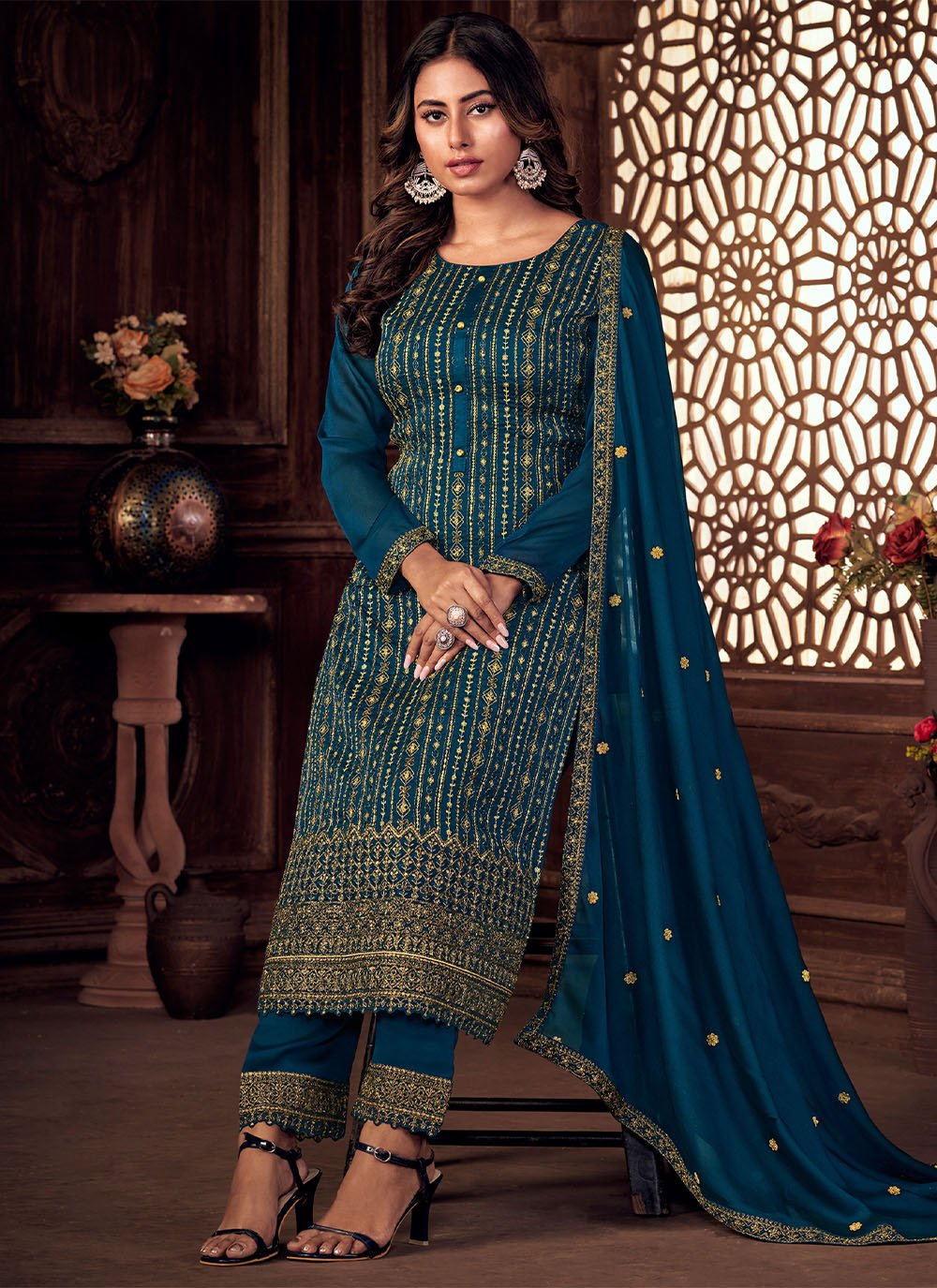 Trendy Suit Pure Silk Blue Embroidered Salwar Kameez