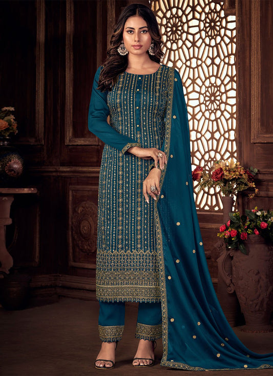 Trendy Suit Pure Silk Blue Embroidered Salwar Kameez