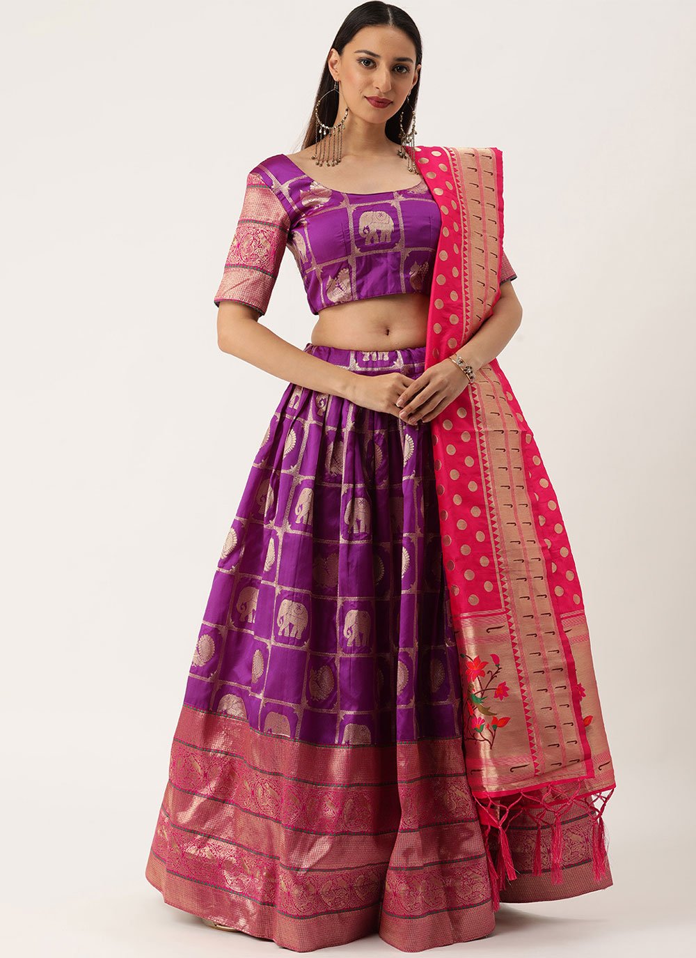 A Line Lehenga Jacquard Silk Purple Weaving Lehenga Choli