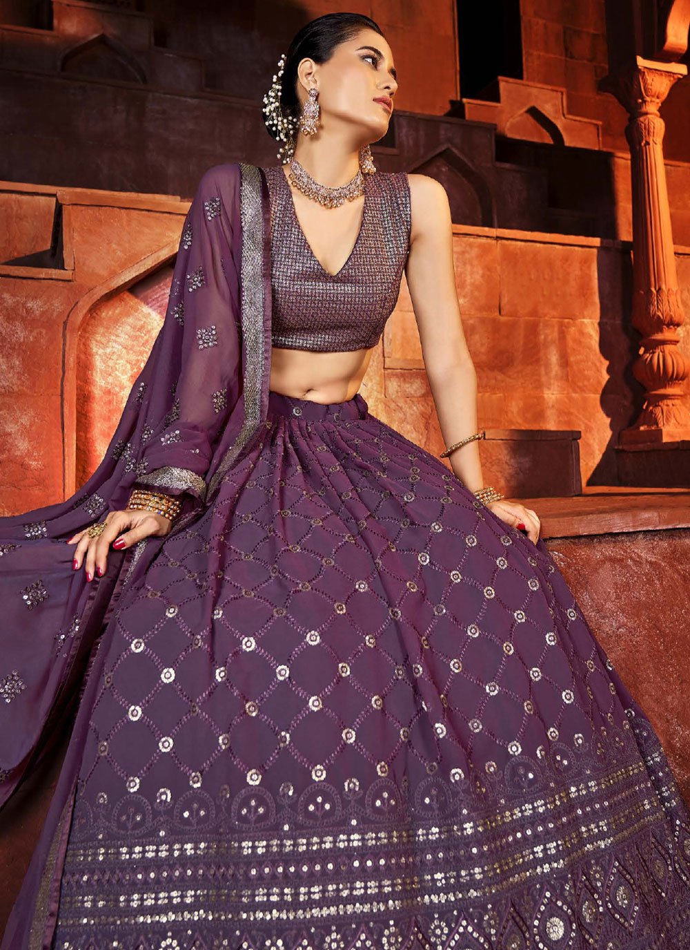 A Line Lehenga Georgette Purple Embroidered Lehenga Choli