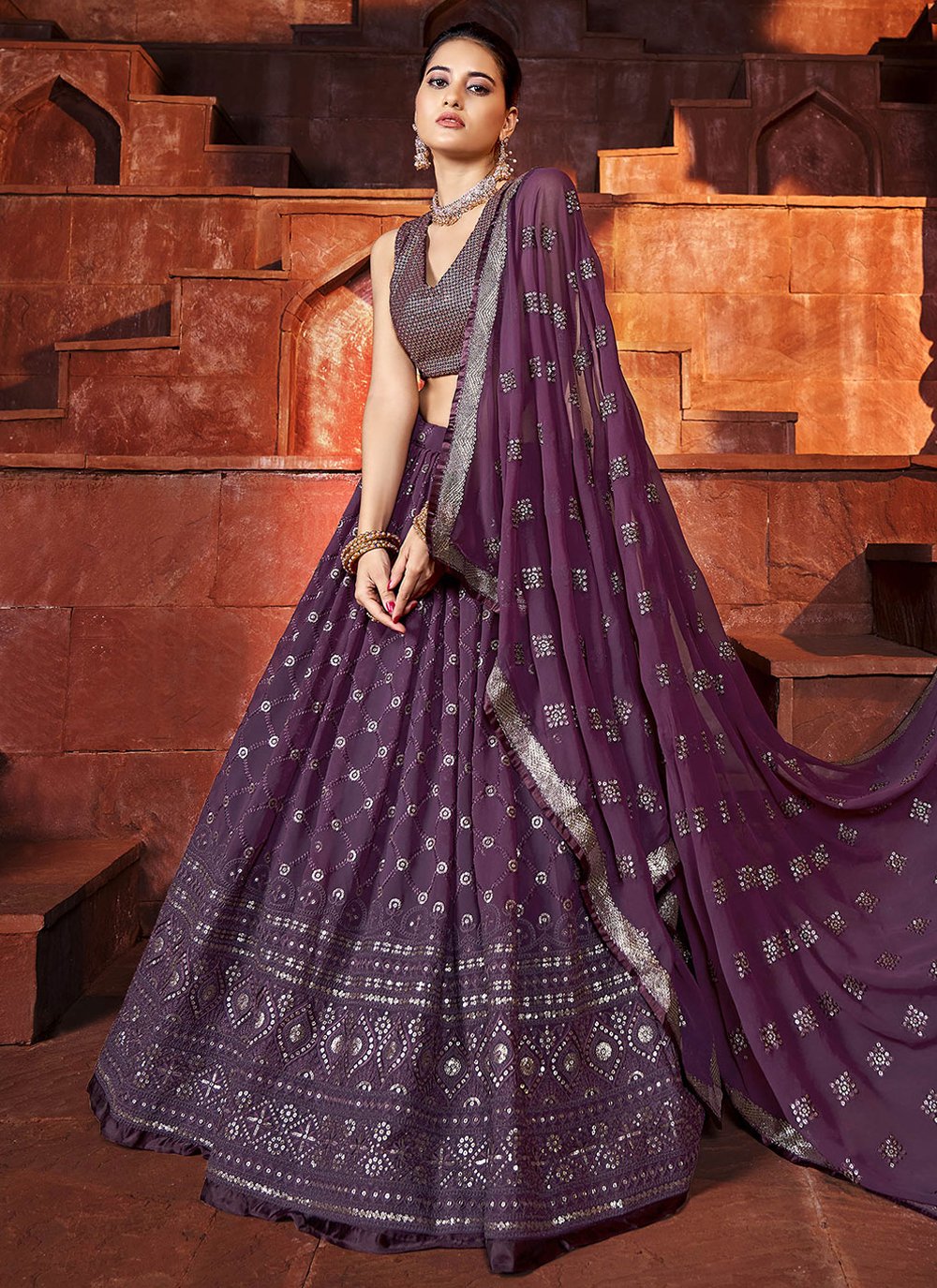 A Line Lehenga Georgette Purple Embroidered Lehenga Choli