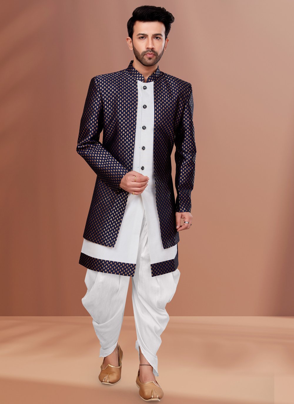 Indo Western Dupion Silk Jacquard Purple White Embroidered Mens