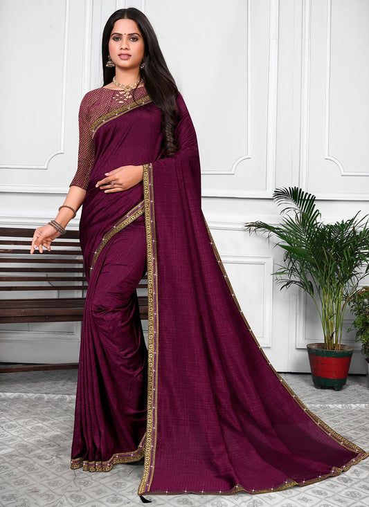 Classic Vichitra Silk Purple Patch Border Saree