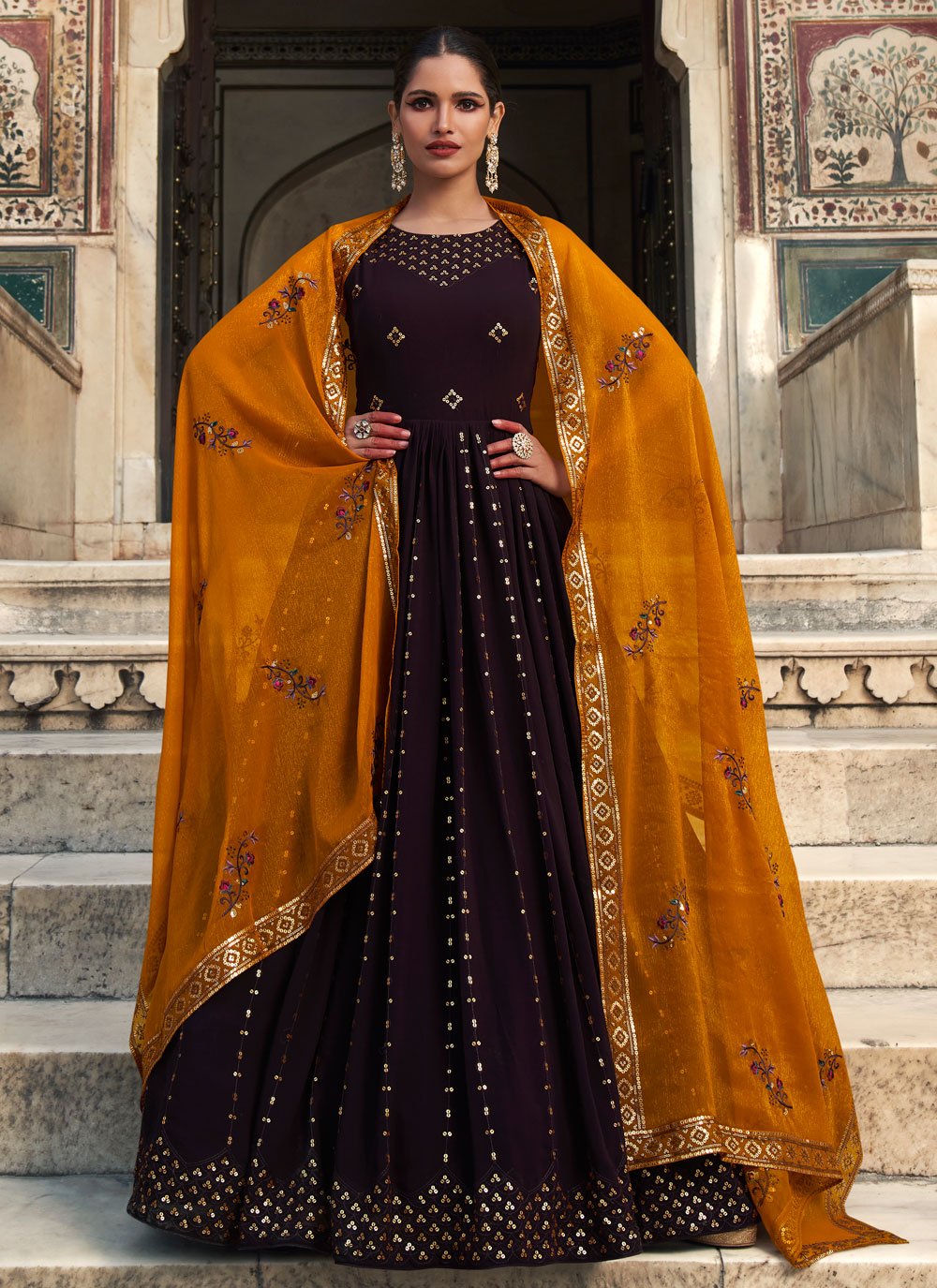 Designer Gown Georgette Purple Embroidered Gown