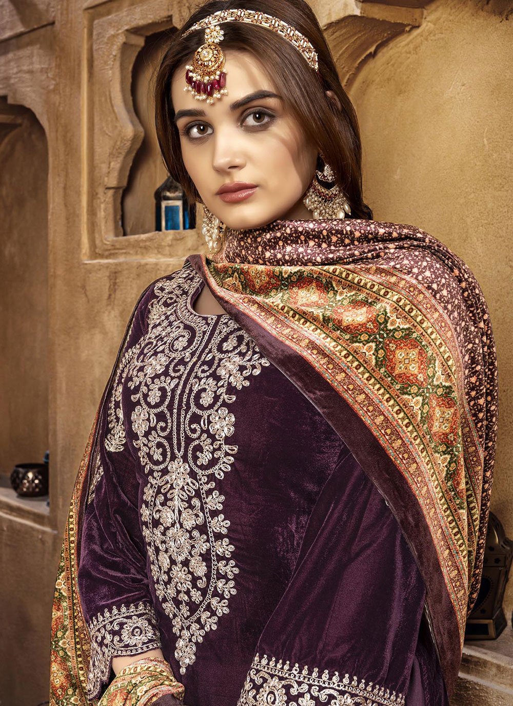 Salwar Suit Velvet Purple Embroidered Salwar Kameez