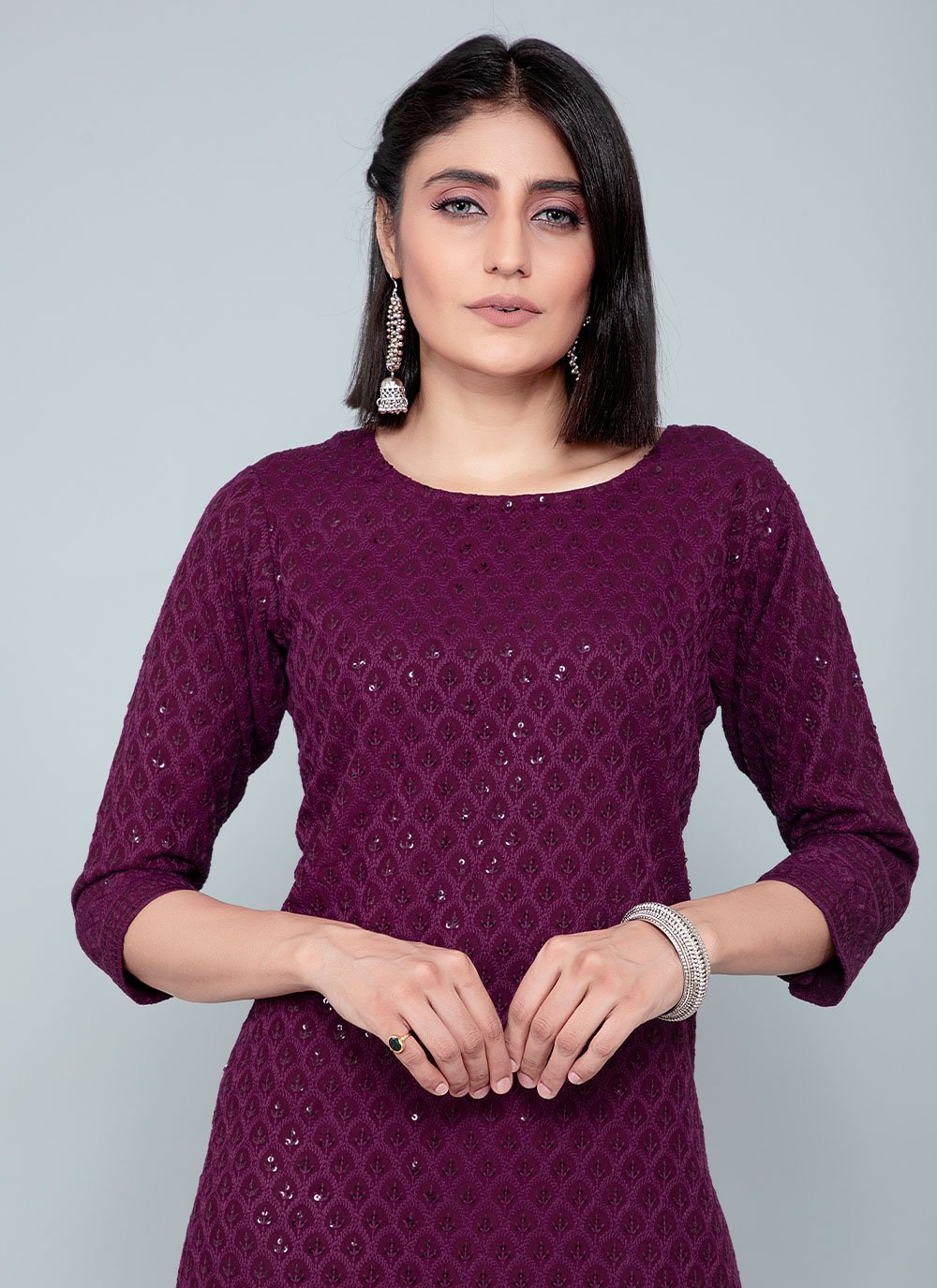 Casual Kurti Rayon Purple Chikankari Work Kurtis