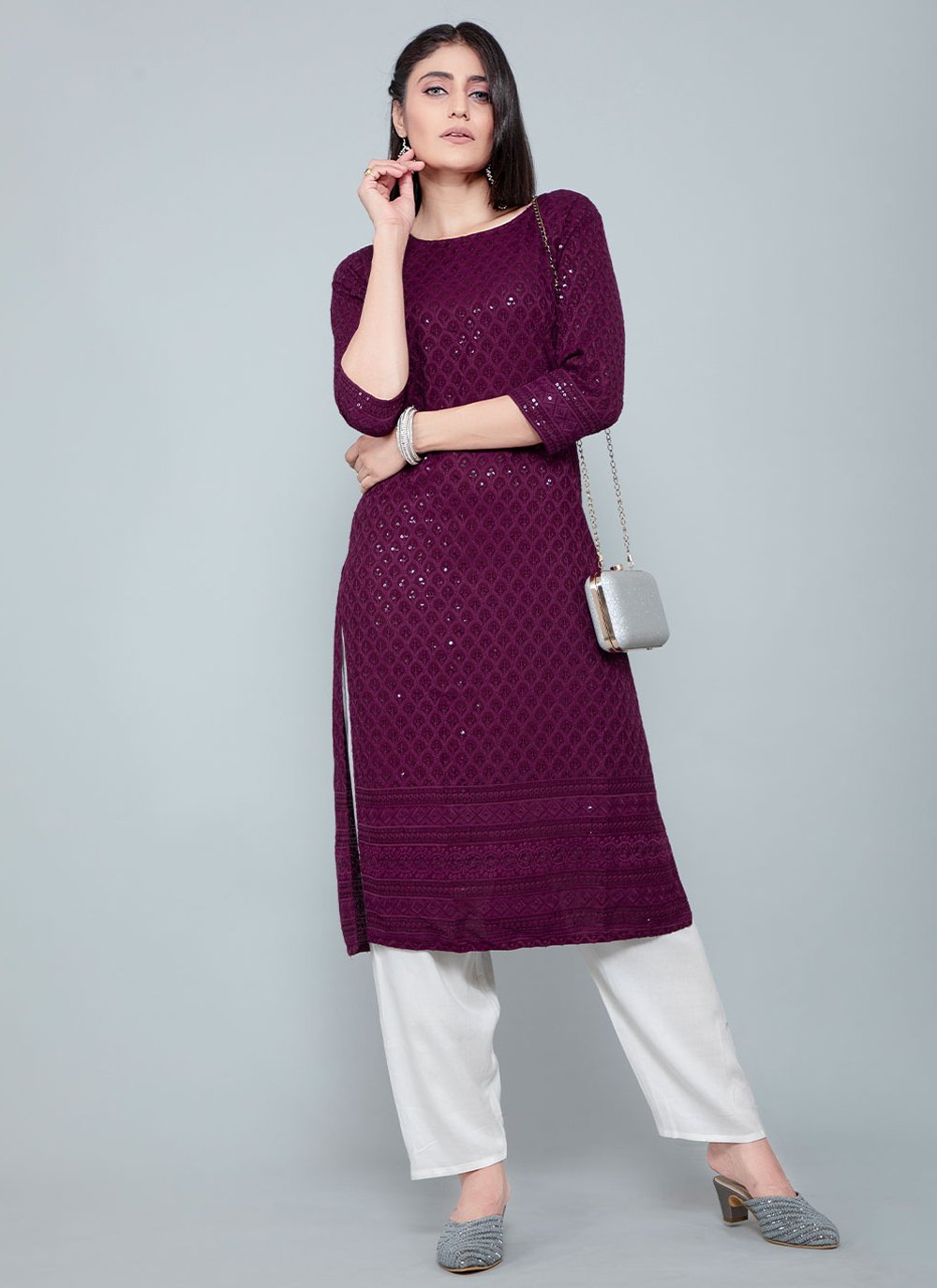 Casual Kurti Rayon Purple Chikankari Work Kurtis