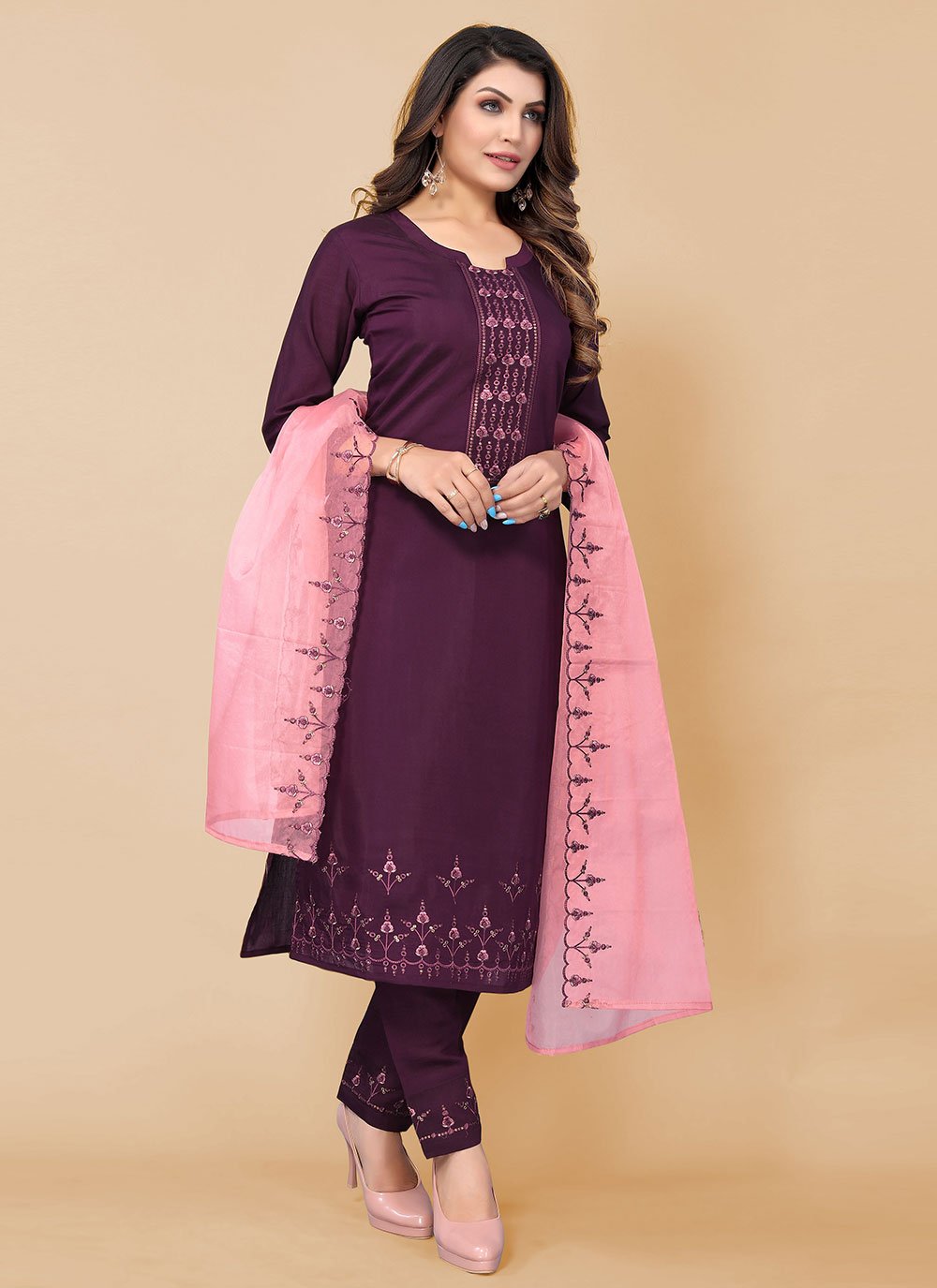 Pant Style Suit Chinon Purple Embroidered Salwar Kameez