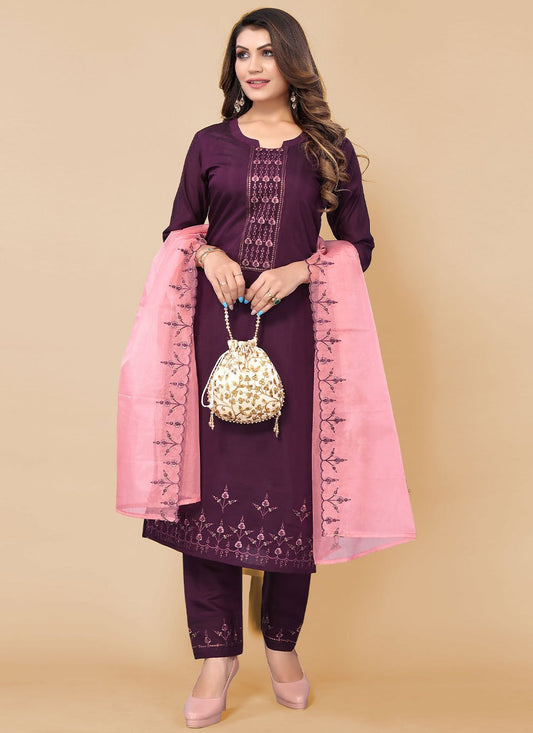 Pant Style Suit Chinon Purple Embroidered Salwar Kameez