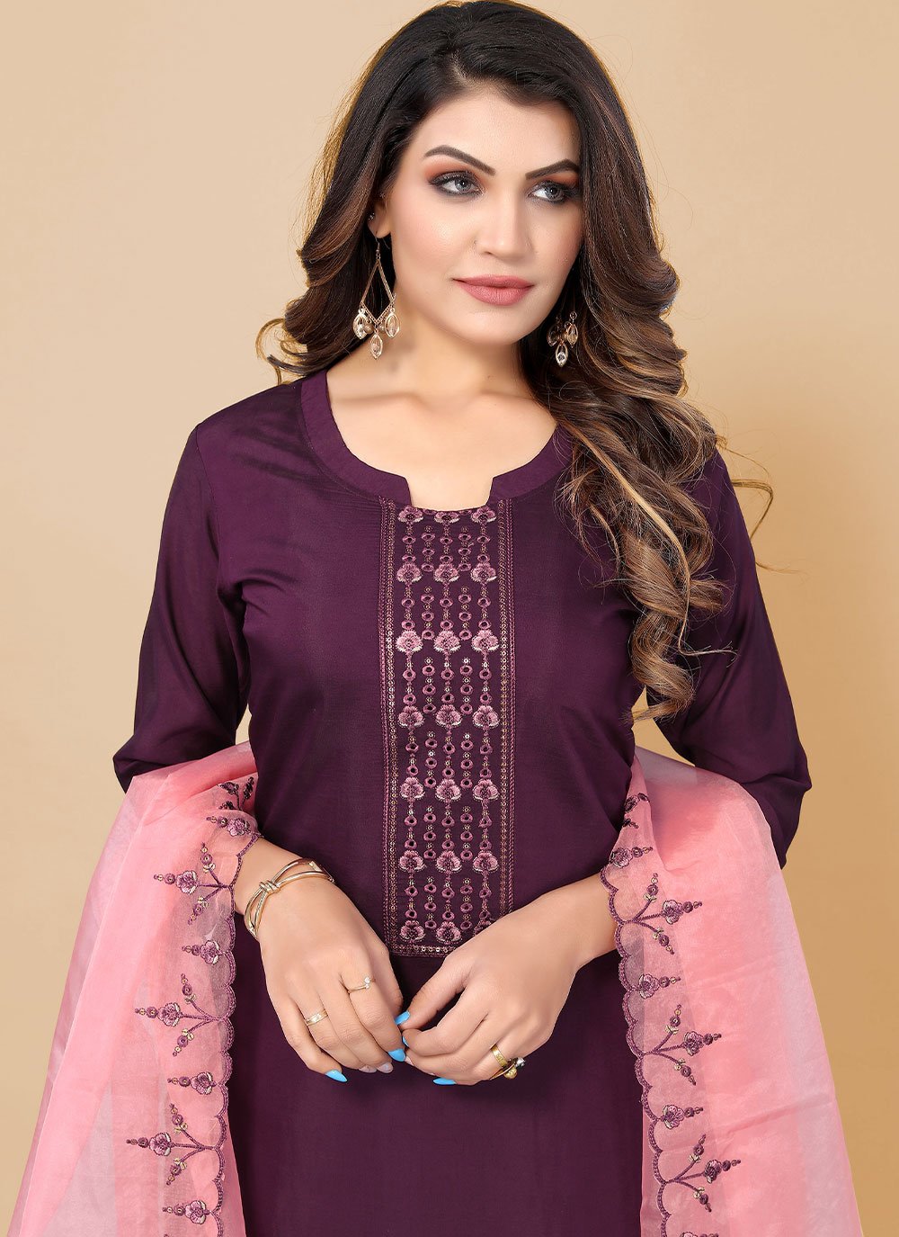 Pant Style Suit Chinon Purple Embroidered Salwar Kameez