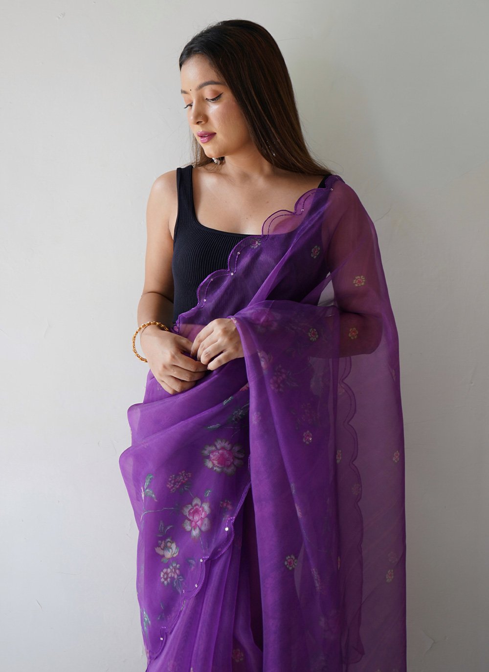 Designer Organza Purple Digital Print Saree