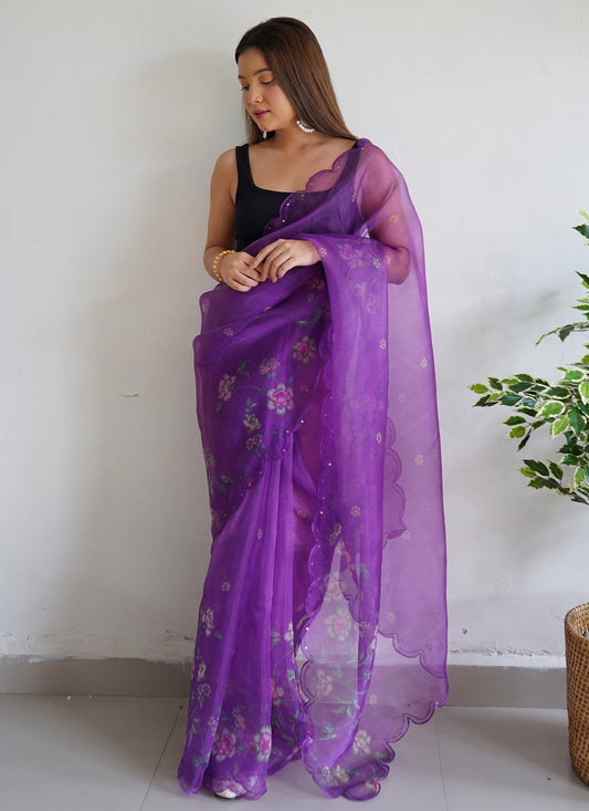 Designer Organza Purple Digital Print Saree