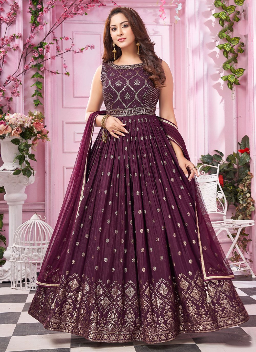 Anarkali Suit Chinon Purple Embroidered Salwar Kameez