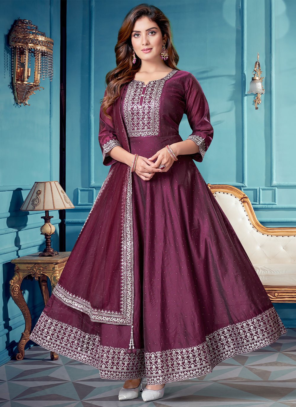 Anarkali Suit Silk Purple Embroidered Salwar Kameez