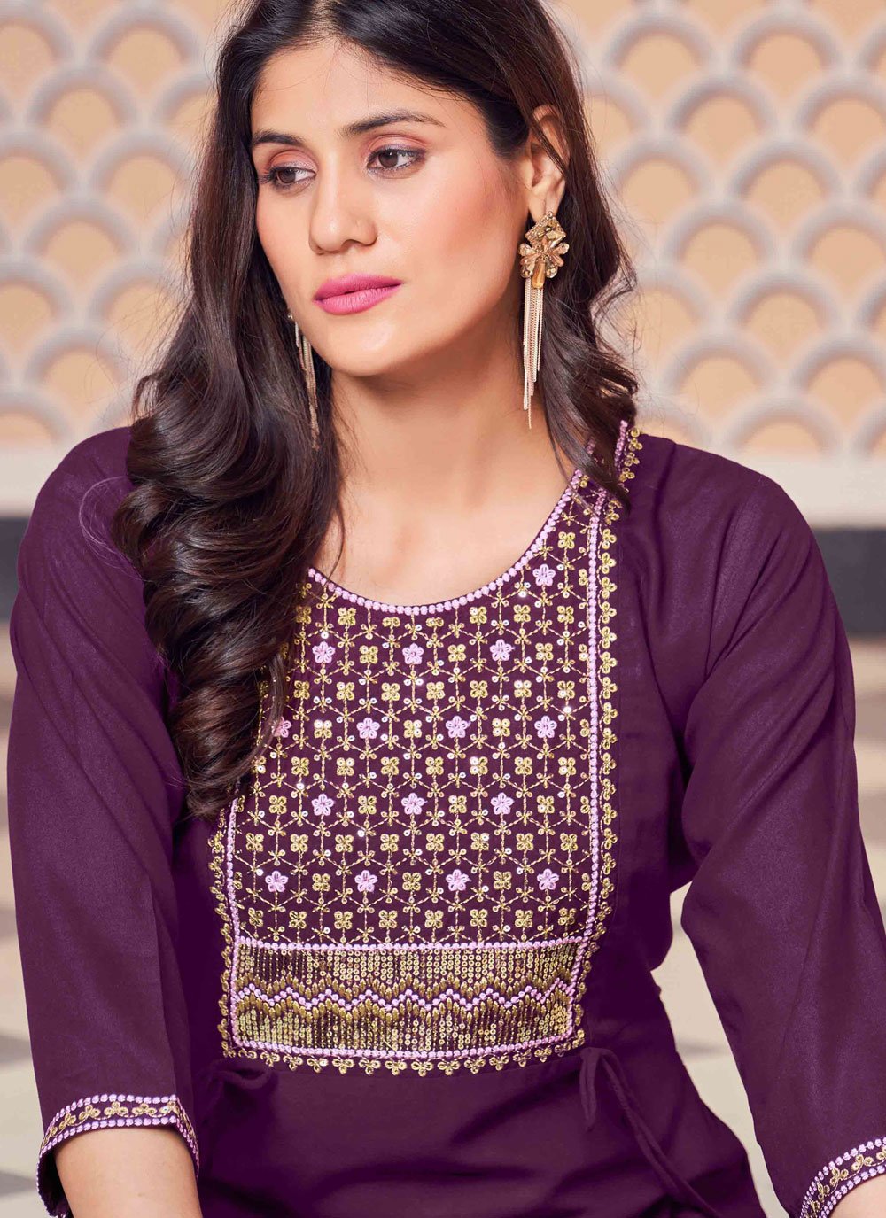 Designer Kurti Rayon Purple Embroidered Kurtis