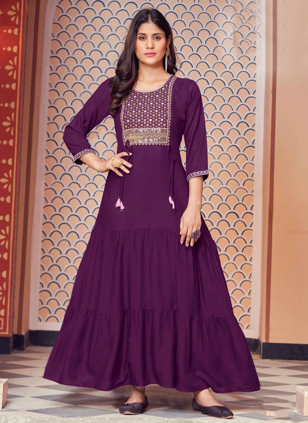 Designer Kurti Rayon Purple Embroidered Kurtis