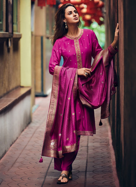 Floor Lenght Salwar Suit Muslin Purple Embroidered Salwar Kameez