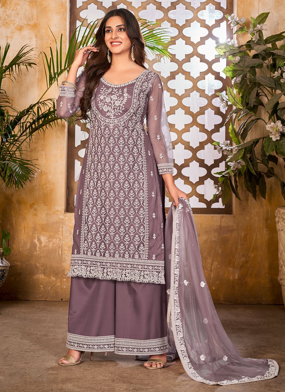 Palazzo Salwar Suit Net Purple Embroidered Salwar Kameez