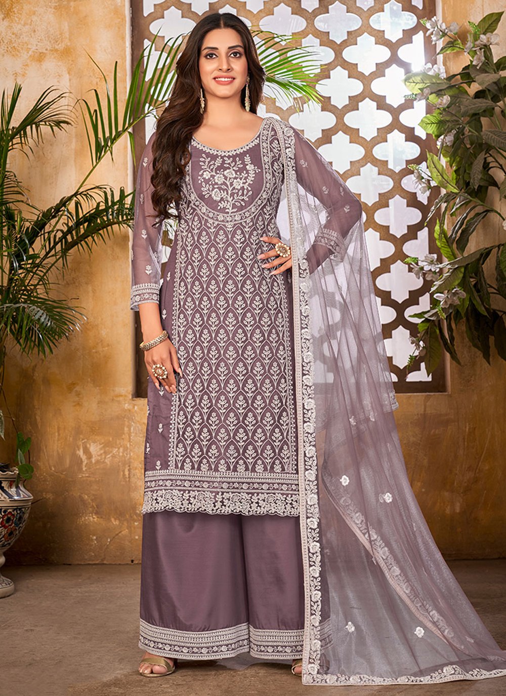 Palazzo Salwar Suit Net Purple Embroidered Salwar Kameez