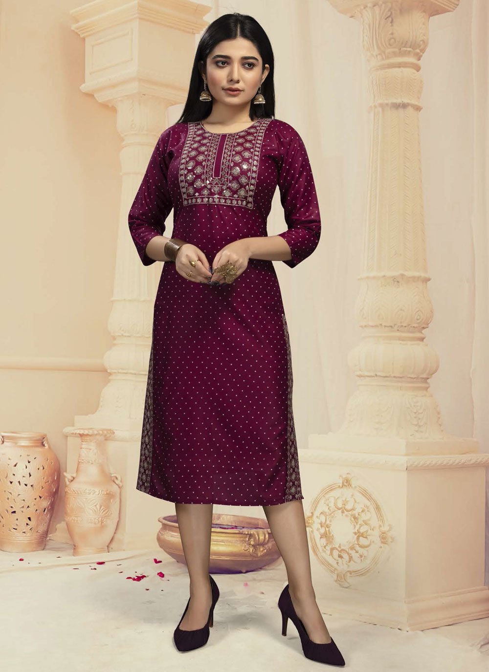 Party Wear Kurti Rayon Purple Embroidered Kurtis